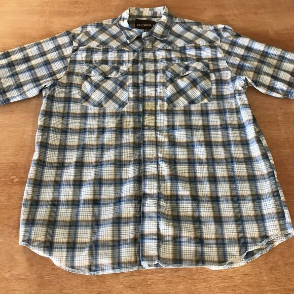 O' Neill Shirt Men L Blue Plaid Snap Button Up Pockets Short Sleeve Collared - Picture 1 of 12